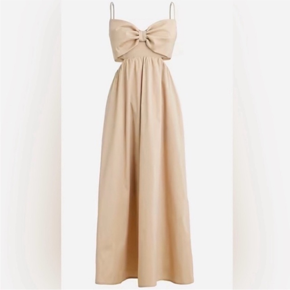 NWOT J. Crew Collection Bow Front Cutout Midi Dress in Stretch Taffeta Khaki Tan